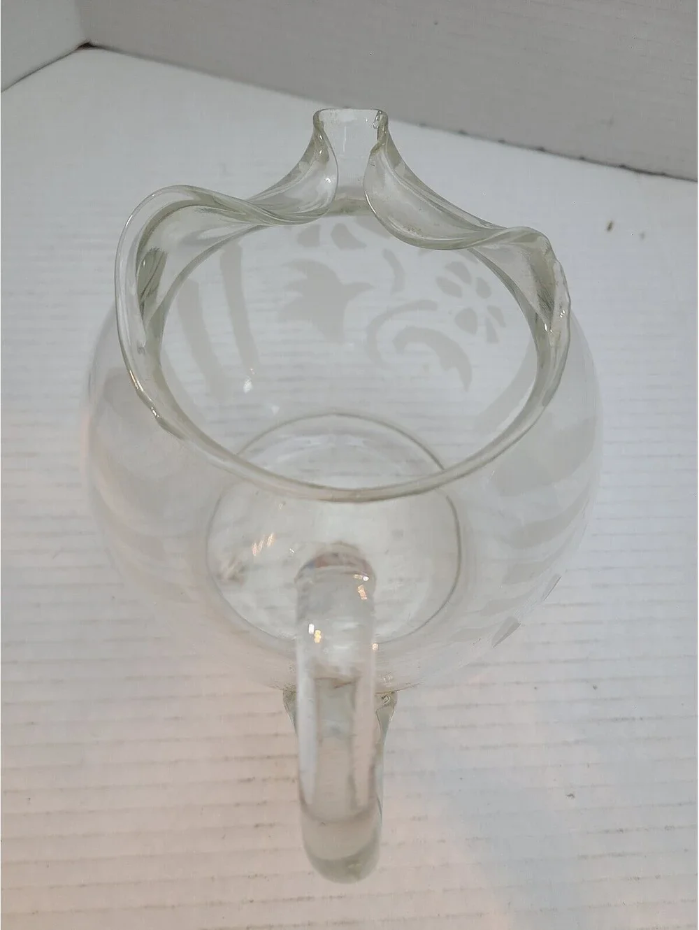 Vintage MC Roly Poly Round Small Clear Pitcher Etched Flowers & Picketts